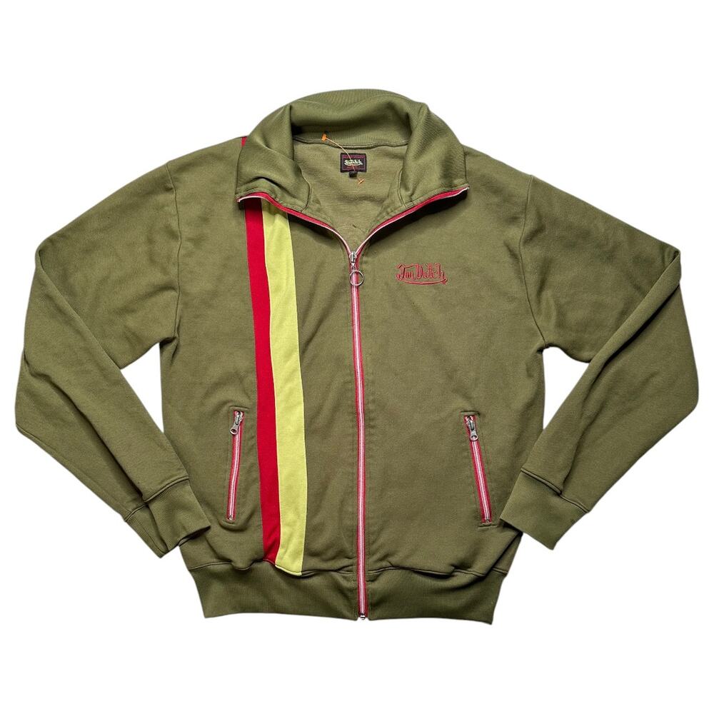 Vintage Y2K Von Dutch Flying Eyeball Track Jacket Olive Green Full Zip